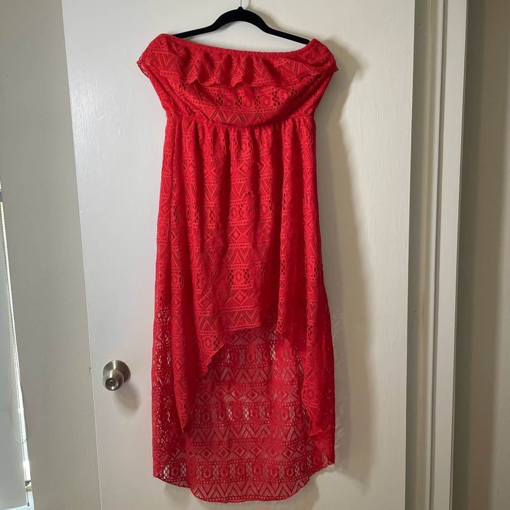 Coral high low strapless dress